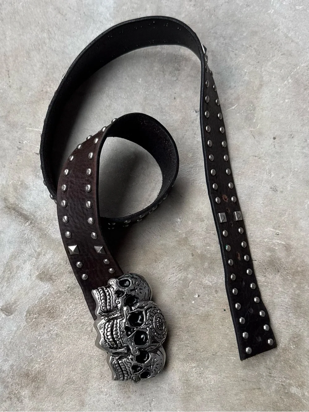 Lucky Brand Brown Studded Leather Belt with Triple Skull Buckle